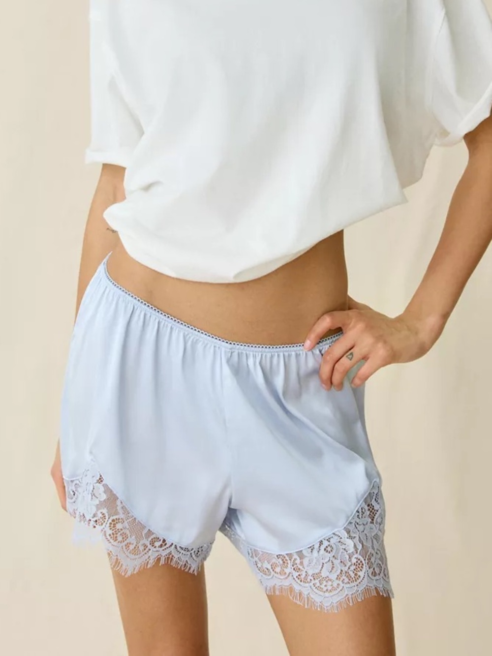 NWT Out From Under Slip Away Lace Trim Satin Shorts Light Blue